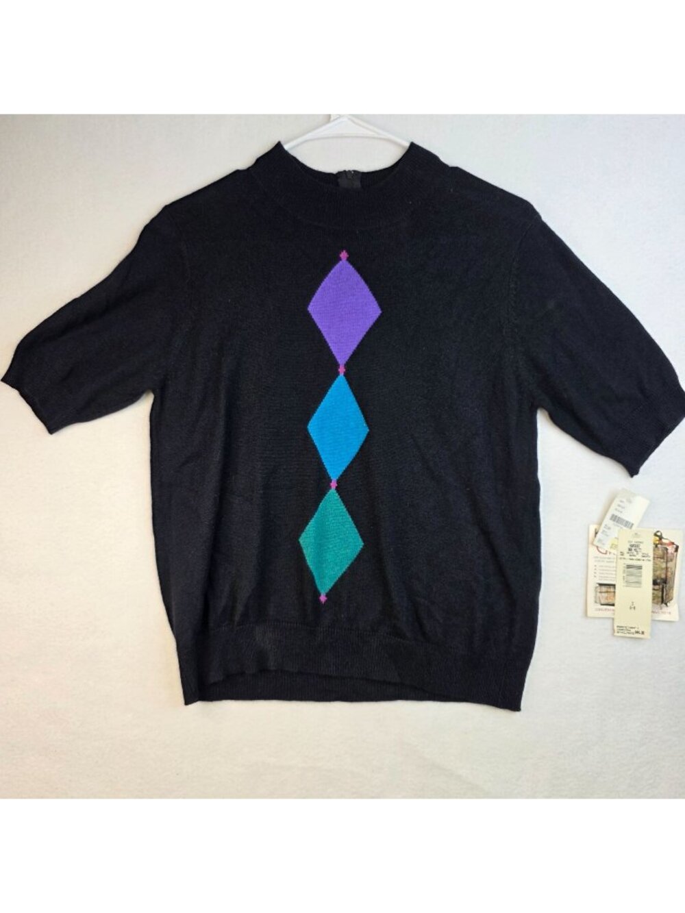 Vintage 90s Koret Argyle Silk Angora Sweater S Black Preppy Academia Retro Luxe